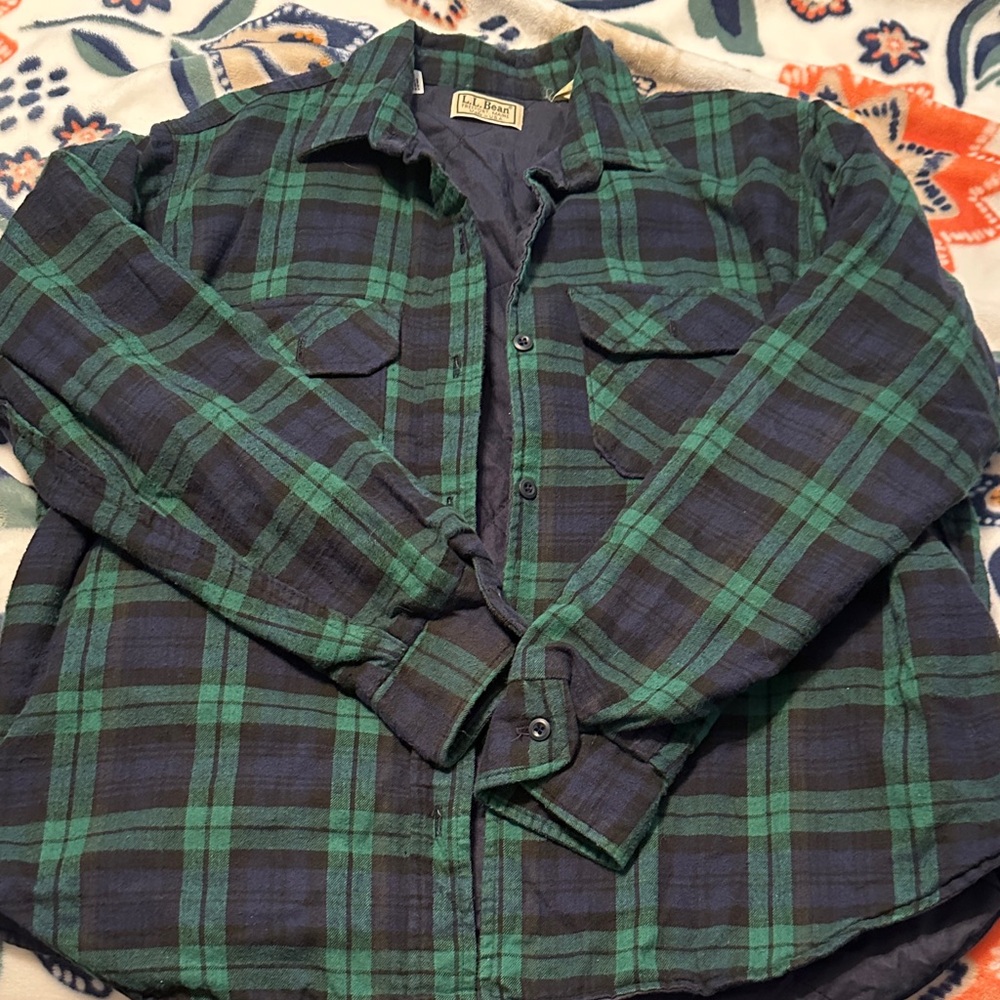L.L. Bean Men's Casual Green and Navy Plaid Shirt